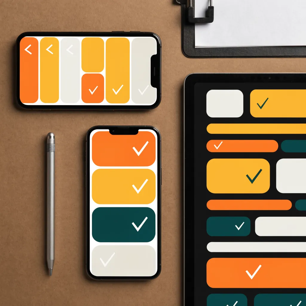 Phones and a tablet showing a scheduling app