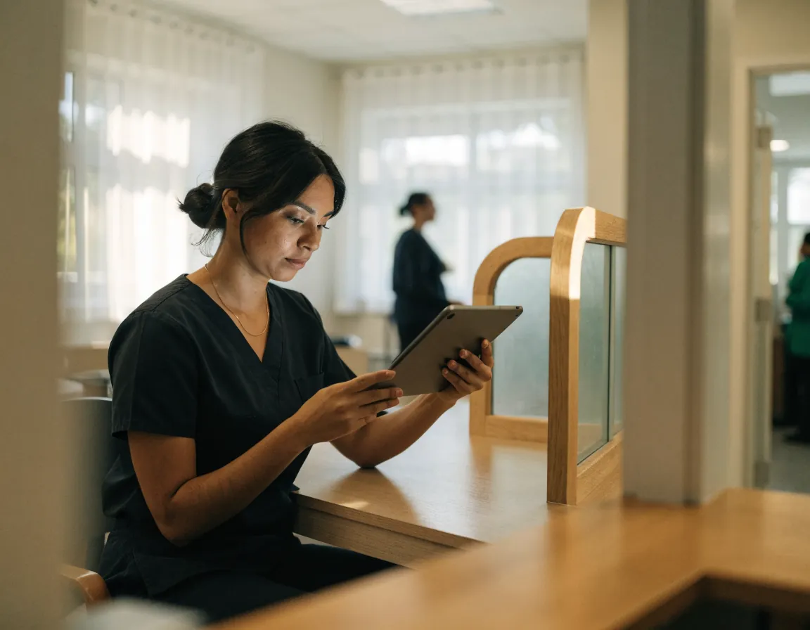 A clinic medical assistant at the front desk using a tablet