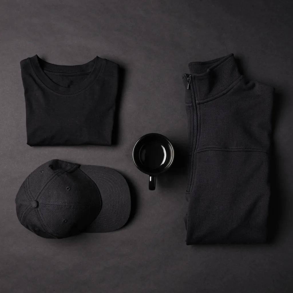 Folded black shirts, caps and mugs